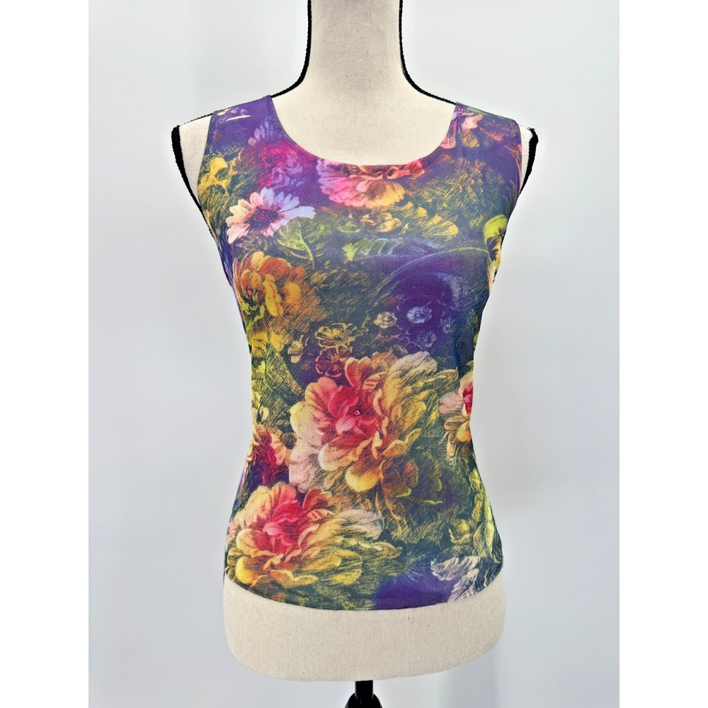 VTG Y2K Fairycore Colorful Floral Mesh Sleeveless Top Medium Stretch Art to Wear